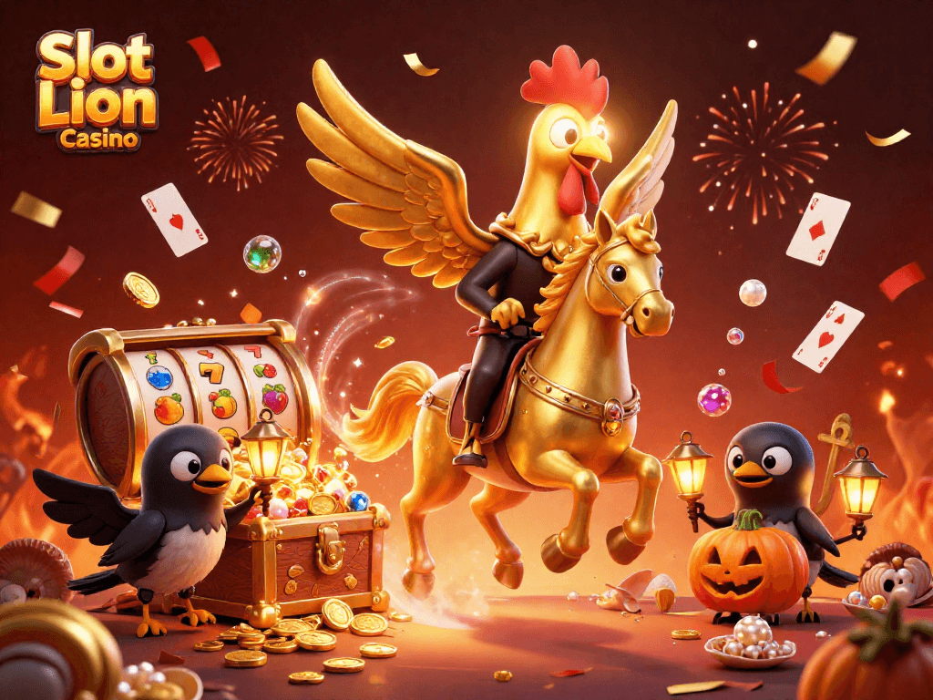 Spin and win at Slot Lion Casino with golden rooster and festive elements in action.