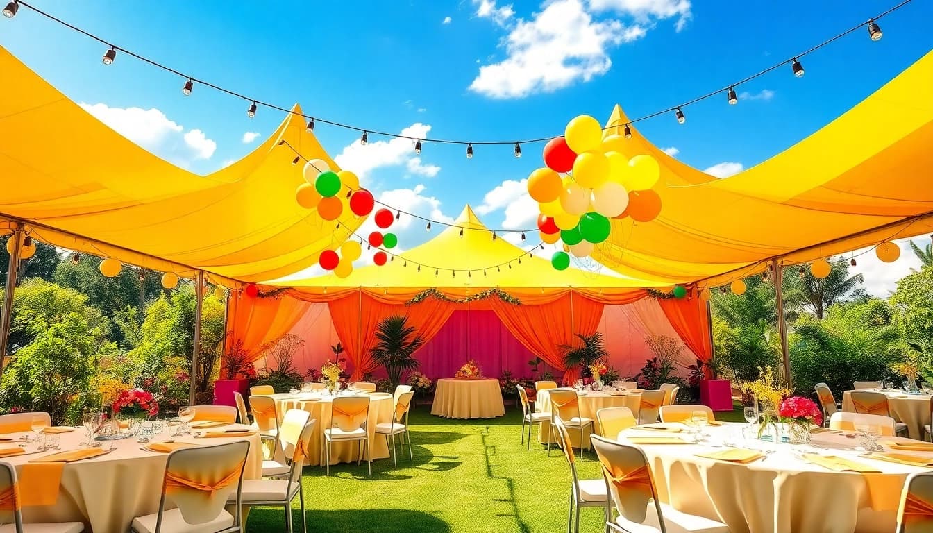 Arrange beautiful outdoor party rentals near me including tents, tables, and vibrant decorations.