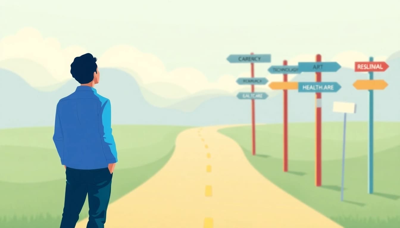 Find my true calling illustrated with a person at a career crossroads, pondering options.