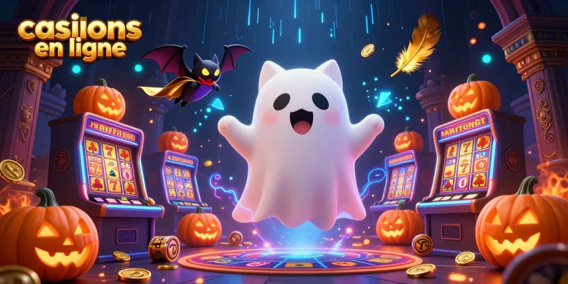 Les casinos en ligne en action avec un chat fantôme, une chauve-souris et des éléments de jeu captivants.