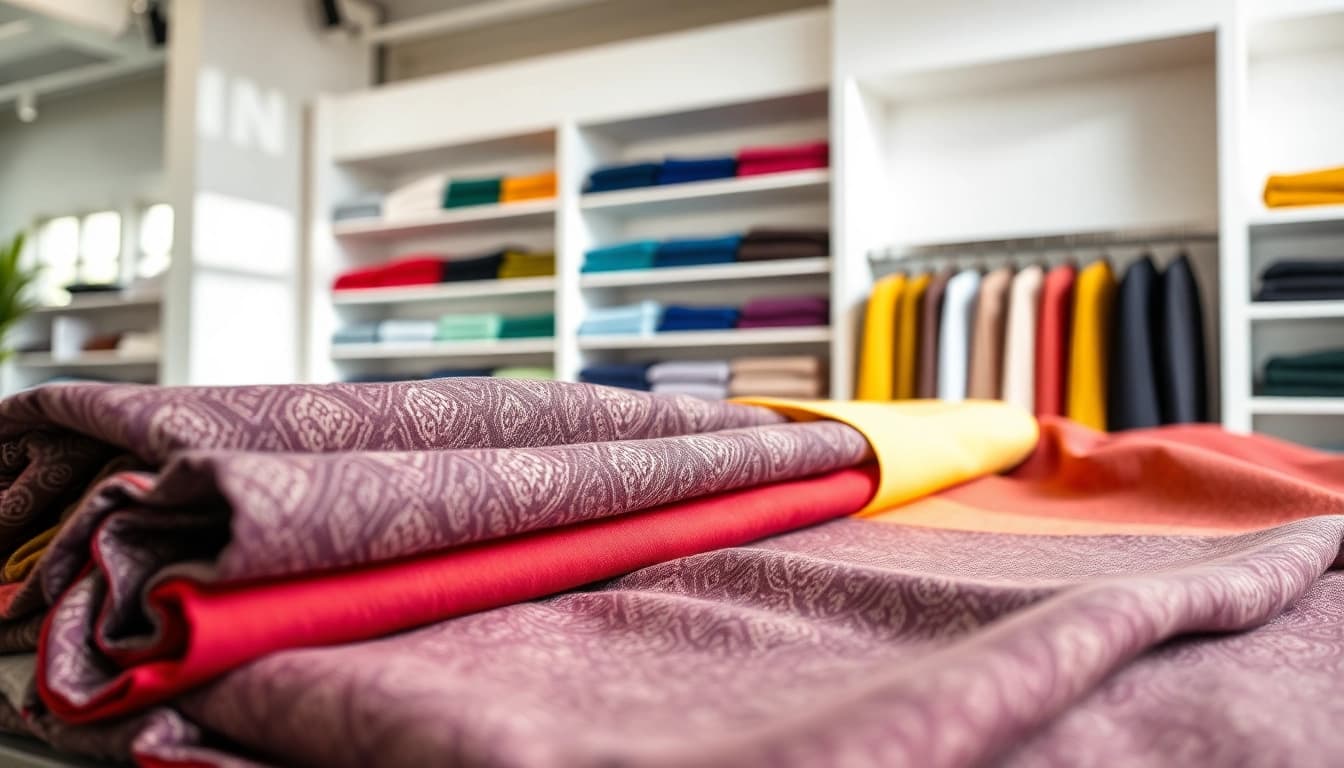 Tricot uni stoffen in diverse kleuren en texturen, geïnspireerd op moderne mode.