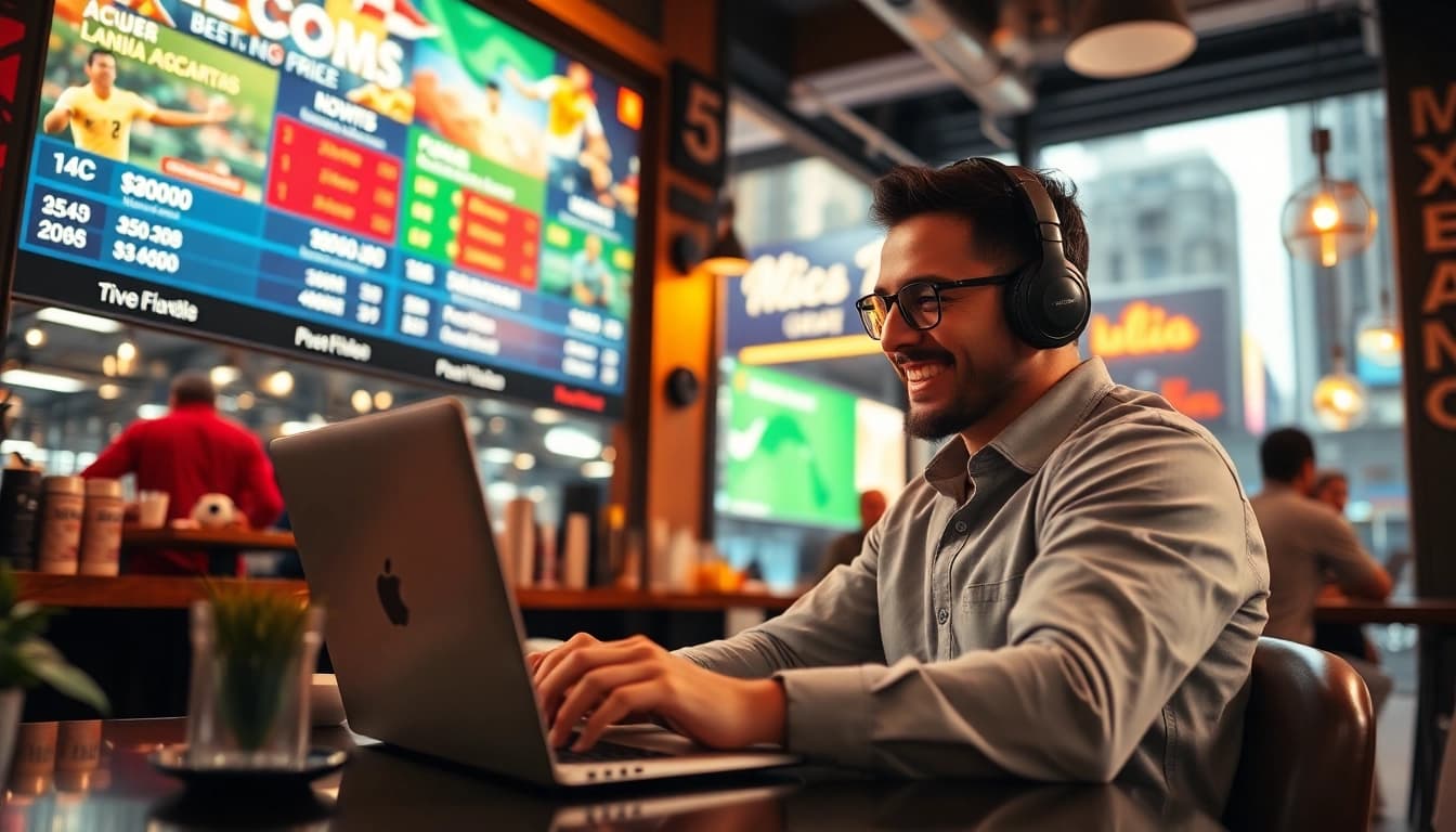 Engaged bettor exploring the best sports betting sites Mexico while enjoying a lively urban atmosphere.