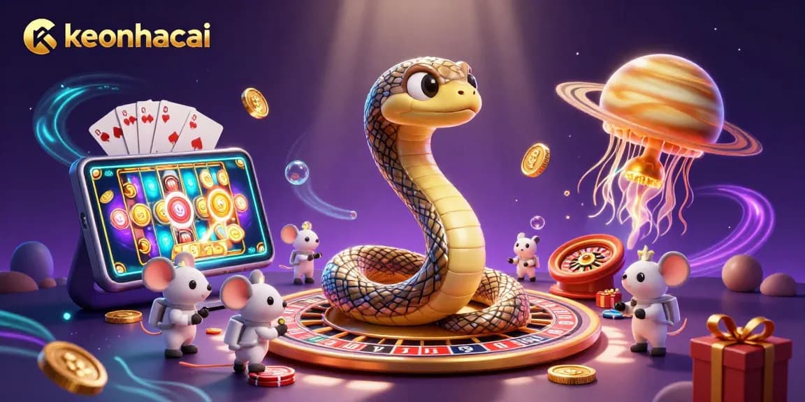 keonhacai illustration featuring cartoon snakes and mice bet on a roulette wheel