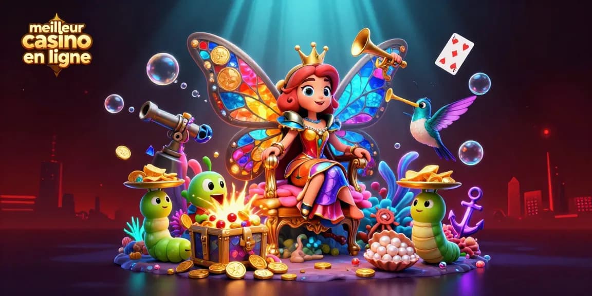 Découvrez le meilleur casino en ligne avec une reine papillon entourée de personnages de jeux de casino.