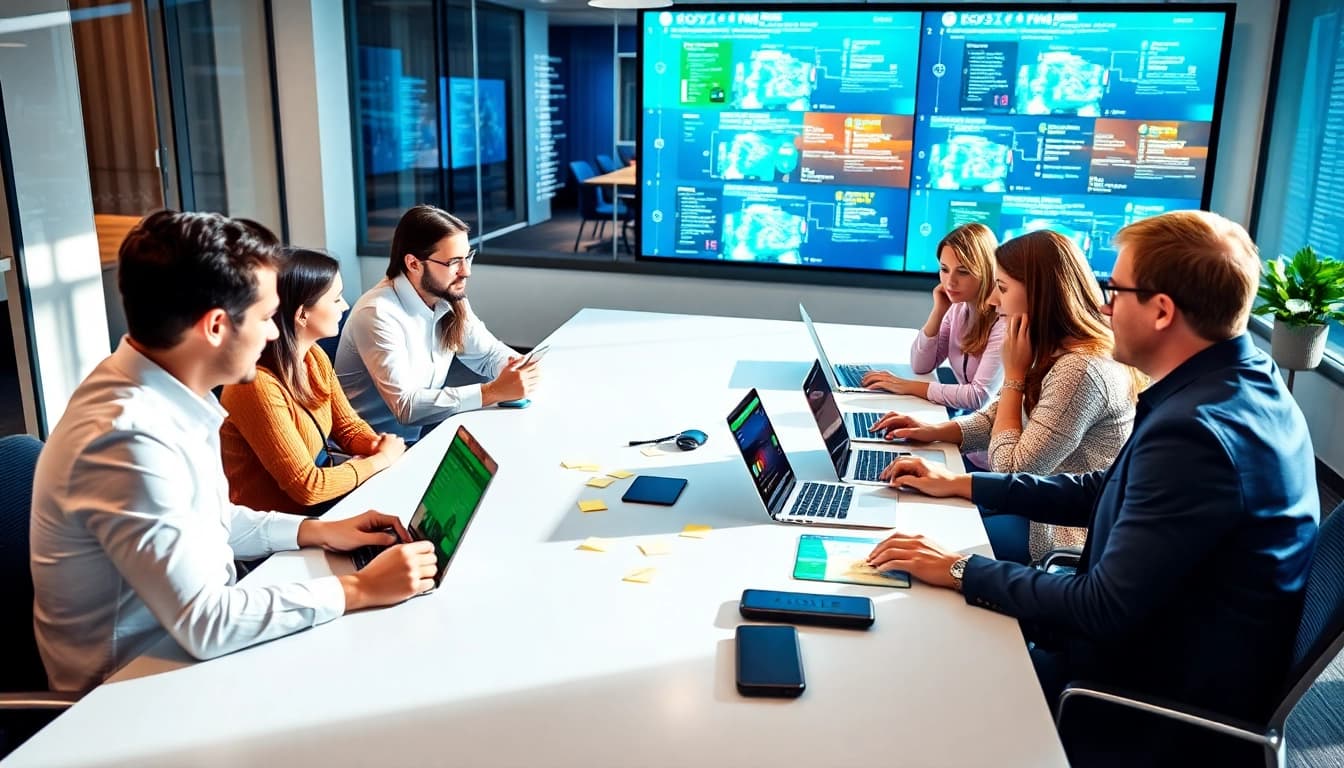 Engaged team discussing strategies at a digital marketing company meeting.