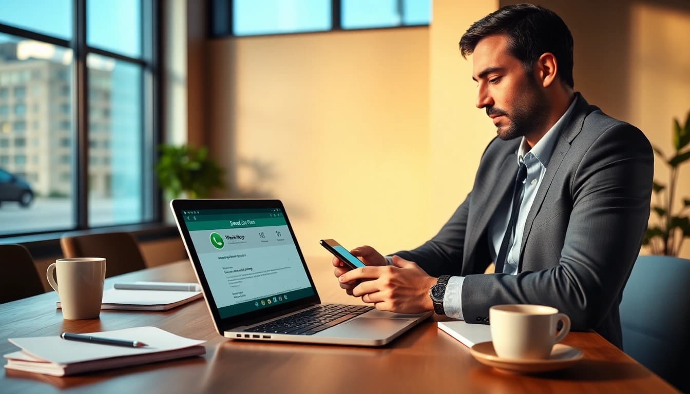 Engaging professional using WhatsApp Smart CRM in a modern office setting.