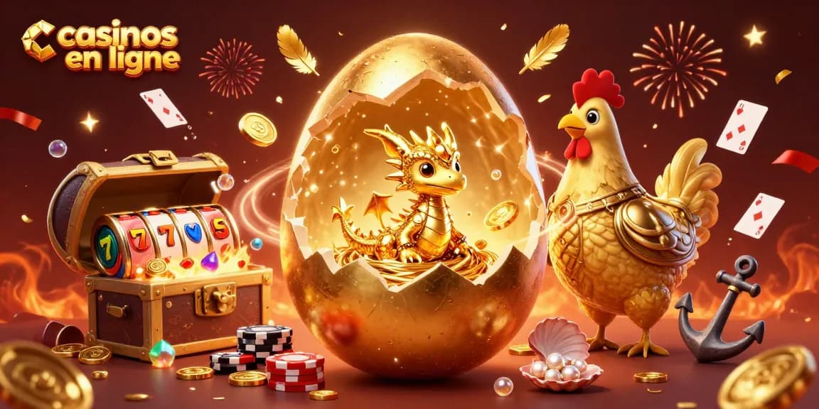 Illustration d'un œuf d'or et d'un dragon en or, créant des effets dans un casino en ligne.