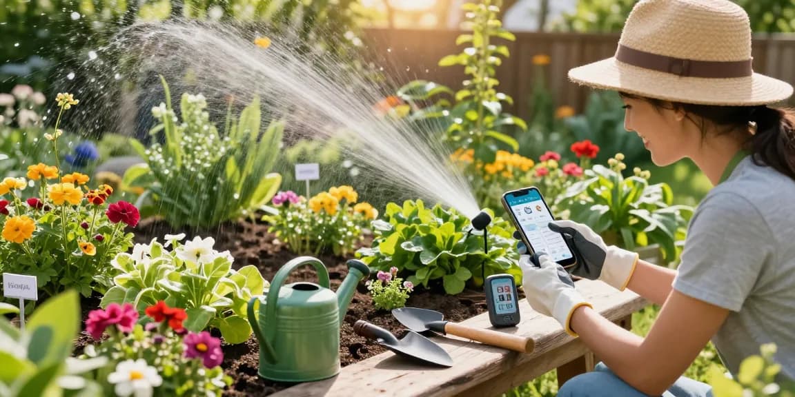 Gardener using a wifi sprinkler controller to automate irrigation in a colorful garden, showcasing technology and nature.