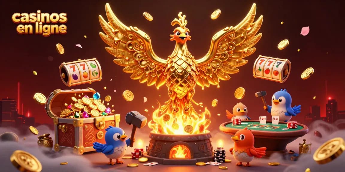 Illustration dynamique sur les casinos en ligne avec un phœnix doré et des éléments de jeu gagnants.