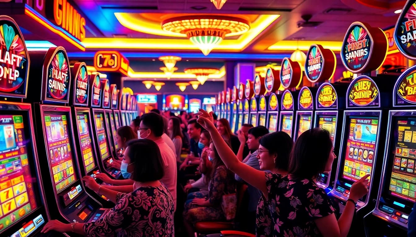 Permainan situs slot yang menarik dengan pemain tersebar di kasino penuh cahaya.