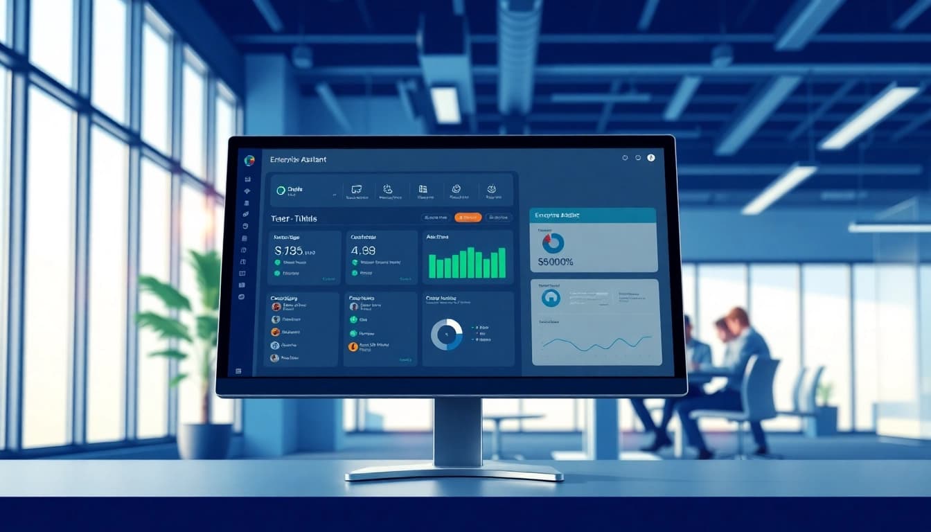 Engage with cutting-edge enterprise assistant software displayed in a dynamic office setting.