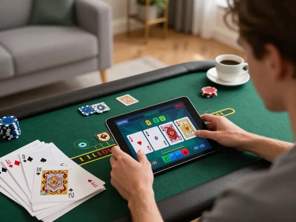DABET user engaged in live dealer blackjack, showcasing card game excitement in a cozy home setting
