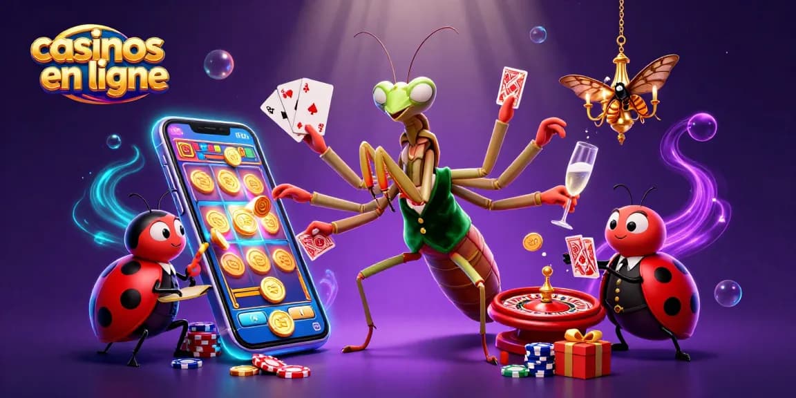 Jouer aux casinos en ligne avec des personnages ludiques dans une illustration dynamique.