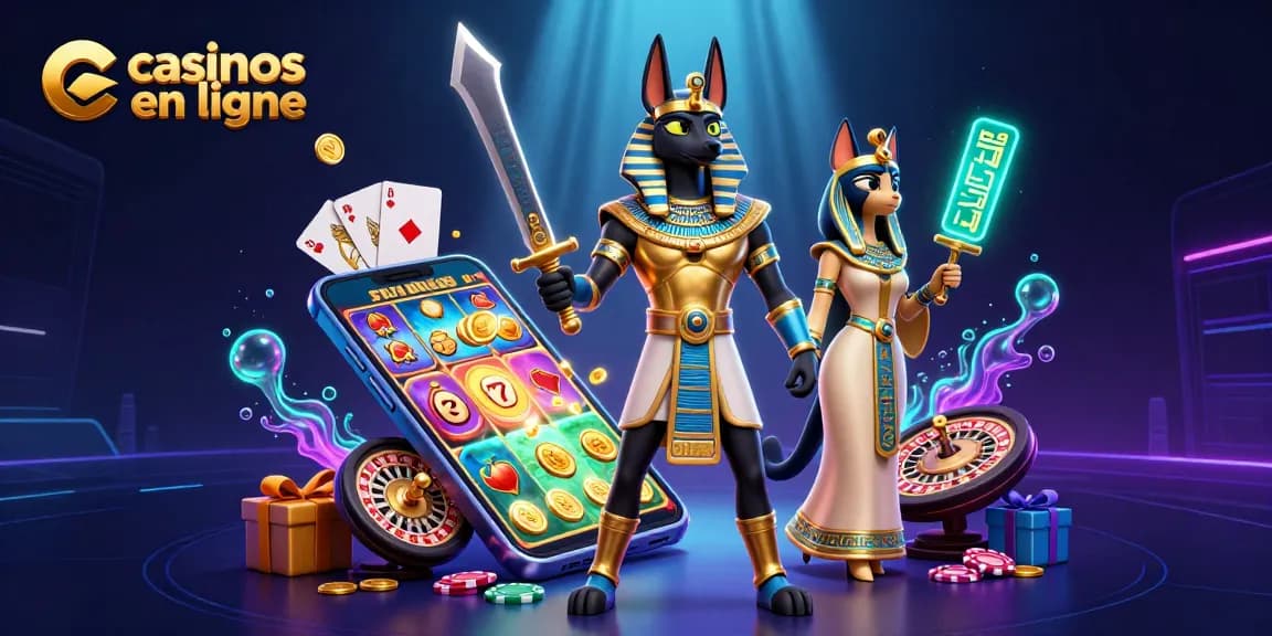 Illustration dynamique de casinos en ligne avec un guerrier Anubis et Bastet, symboles de jackpot, pièces d'or et jeux liés.