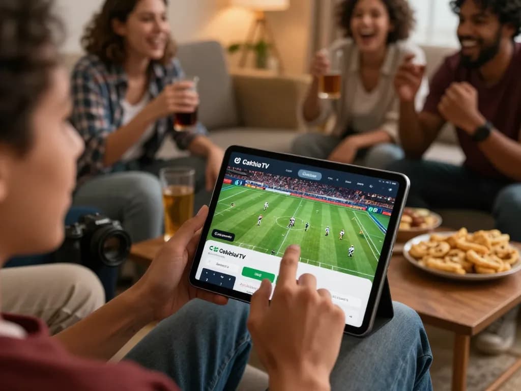 CakhiaTV user enthusiastically placing bets while enjoying live football with friends, showcasing a vibrant viewing atmosphere.