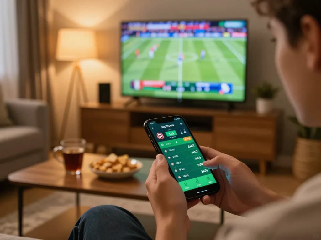 Engaged bettor using the DABET app for live sports betting in a cozy living room.