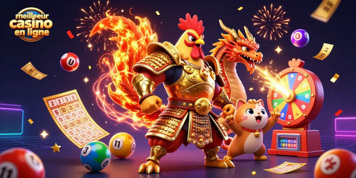 Illustration 3D du meilleur casino en ligne avec un coq guerrier et un dragon, entourés de boules et cartes de tirage.