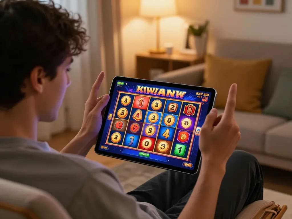 Player celebrates a slot game win while gaming on a tablet in a cozy home setting.