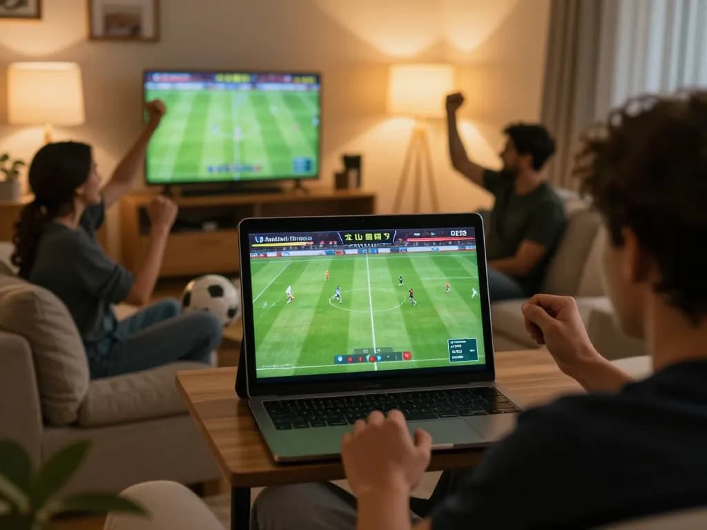 Engaged friends watching a live soccer match on Cakhiatv, showcasing an exciting sports viewing experience at home.
