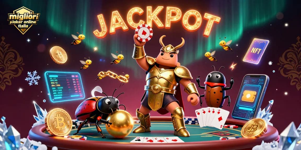 Migliori siti poker online Italia: eroe in armatura alza un chip mentre il compagno spinge una sfera d'oro.