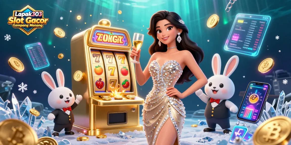 Spin to win with Lapak303 Slot Gacor Gampang Menang featuring a glamorous woman and jackpot machine.