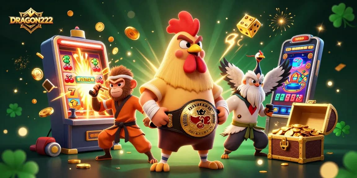 Win big with DRAGON222 as cartoon characters and slot machines come alive in an exciting casino scene.