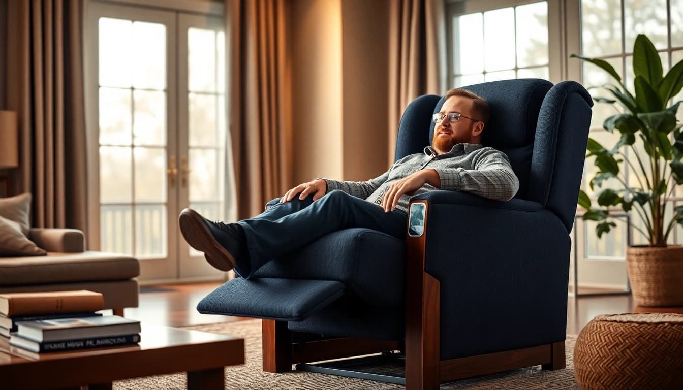 Relaxed tall man in a lift recliner chair designed for tall men, showcasing comfort and style.