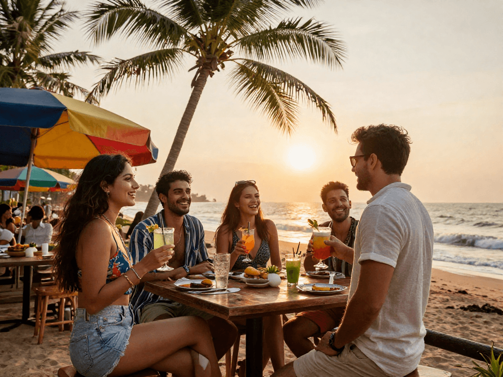 Goa call girls enjoying a vibrant beach party atmosphere at sunset with friends.