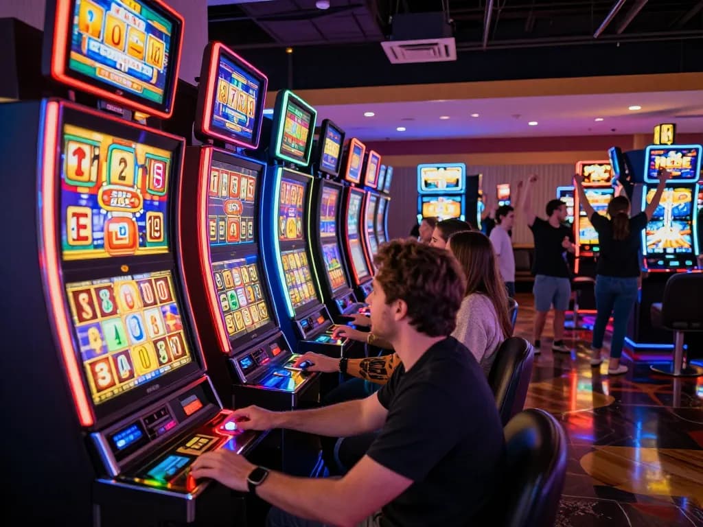 Engaging slot machine players celebrating wins in a lively casino atmosphere.