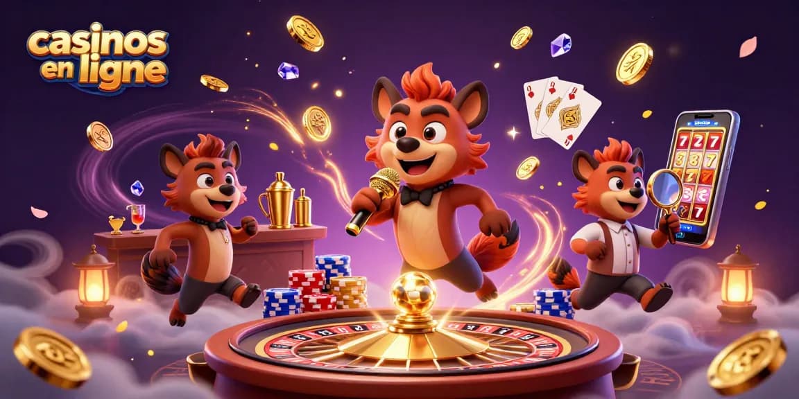 Les casinos en ligne animés avec des hyènes comiques, jetant des pièces d'or et jouant des cartes.