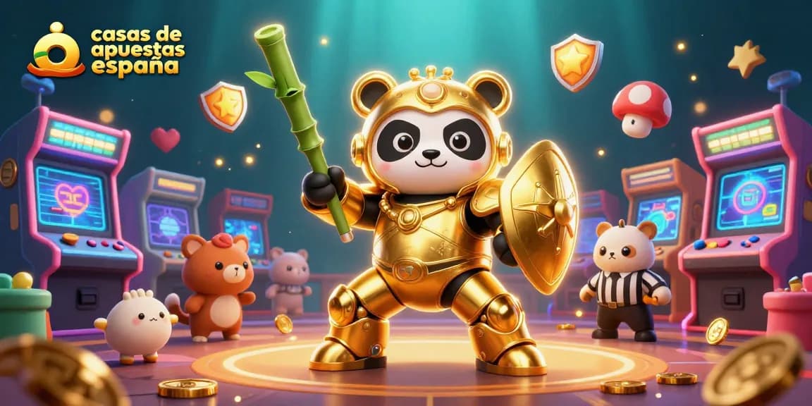 Vibrante escena de casas de apuestas España con un panda dorado pilotando un robot en un ambiente de casino animado.