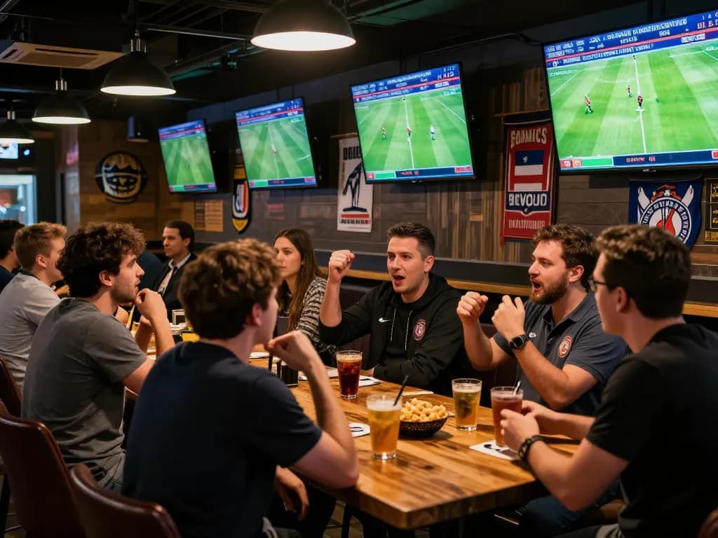 Patrons engaging in taruhan bola at a modern sports bar, following live matches on screens.