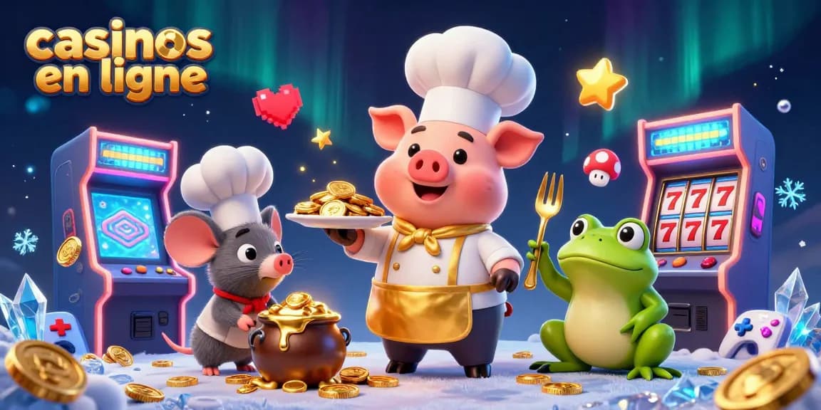 Venez découvrir les casinos en ligne avec un chef caricatural servant des pièces en or sur un plateau.