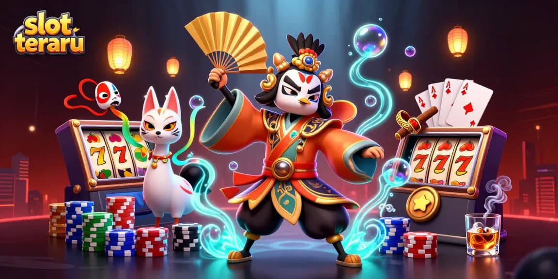Experience slot terbaru with a dynamic scene featuring kabuki warriors and vibrant casino elements.