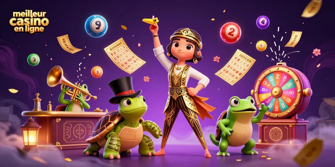 Illustration du meilleur casino en ligne avec des personnages festifs et des éléments de jeu