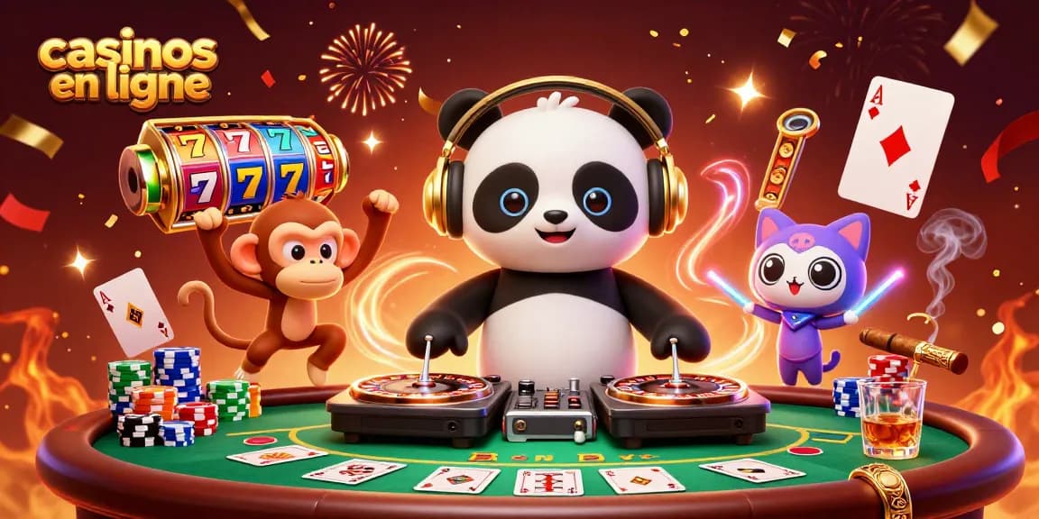 Jouez aux casinos en ligne avec un panda DJ et un singe dansant entourés de machines à sous et de jetons.