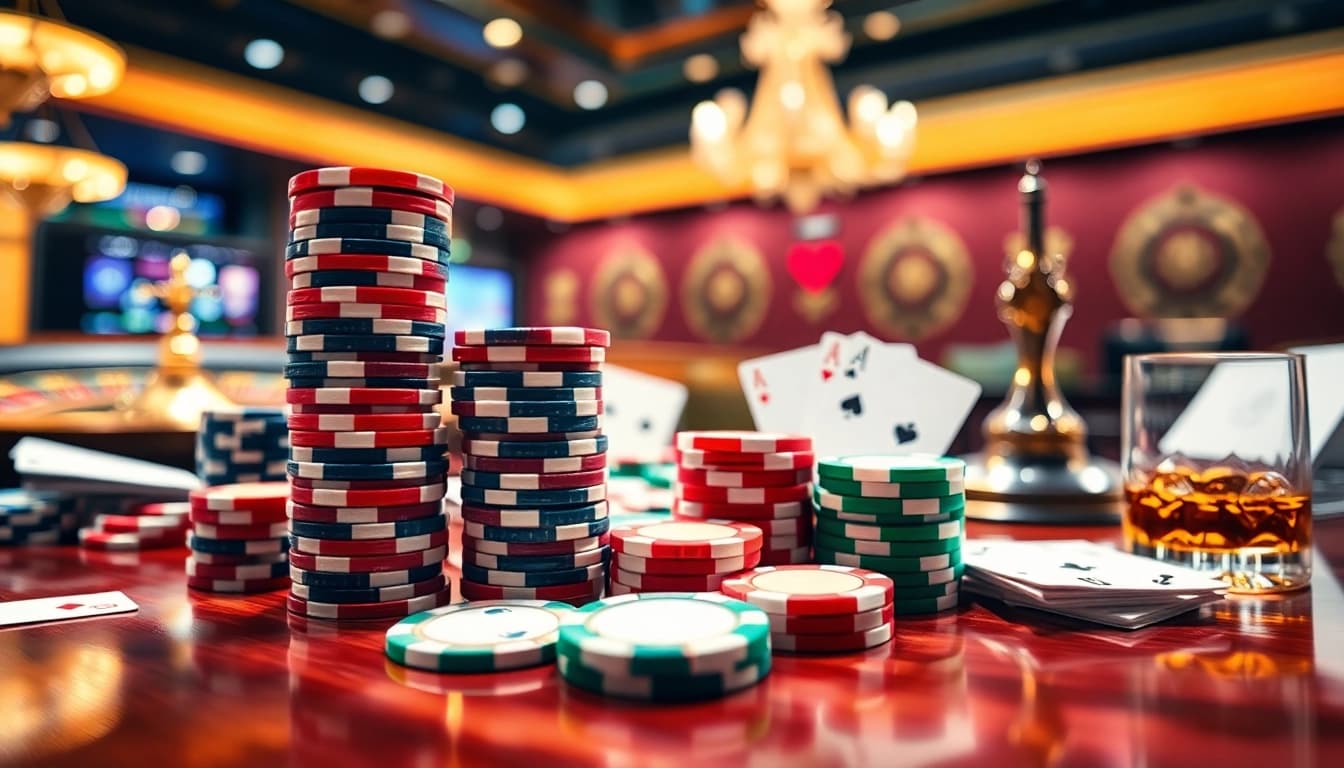 bbni4d menampilkan tumpukan chip kasino yang berwarna-warni di atas meja kayu halus.