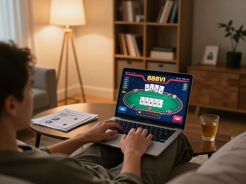 Engaging in 888VI online gaming on a laptop, showcasing poker strategy and relaxing atmosphere.
