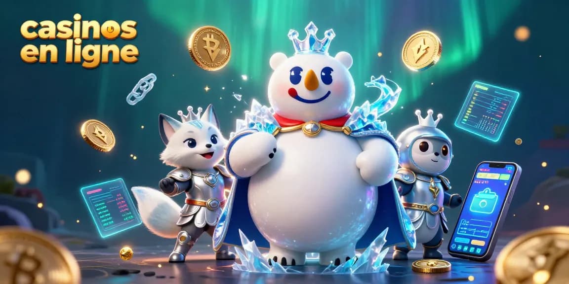 Jouez aux casinos en ligne avec un ours polaire royal et un renard en armure, entourés de crypto-monnaies.