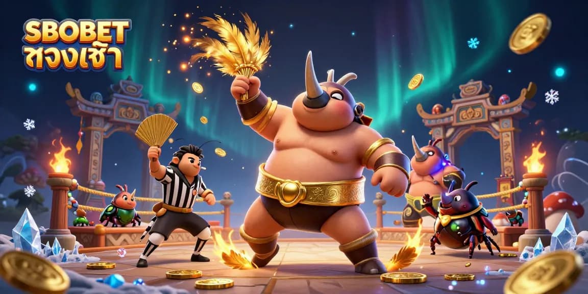 SBOBET ทางเข้า with a vibrant 3D illustration of a beetle champion in a sumo match, dynamic coins flying.