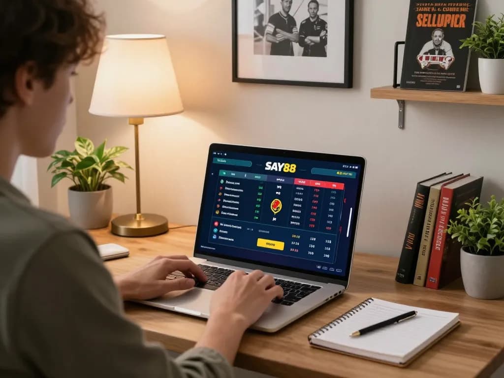 Person using SAY88 to place strategic bets in a stylish home office setting.