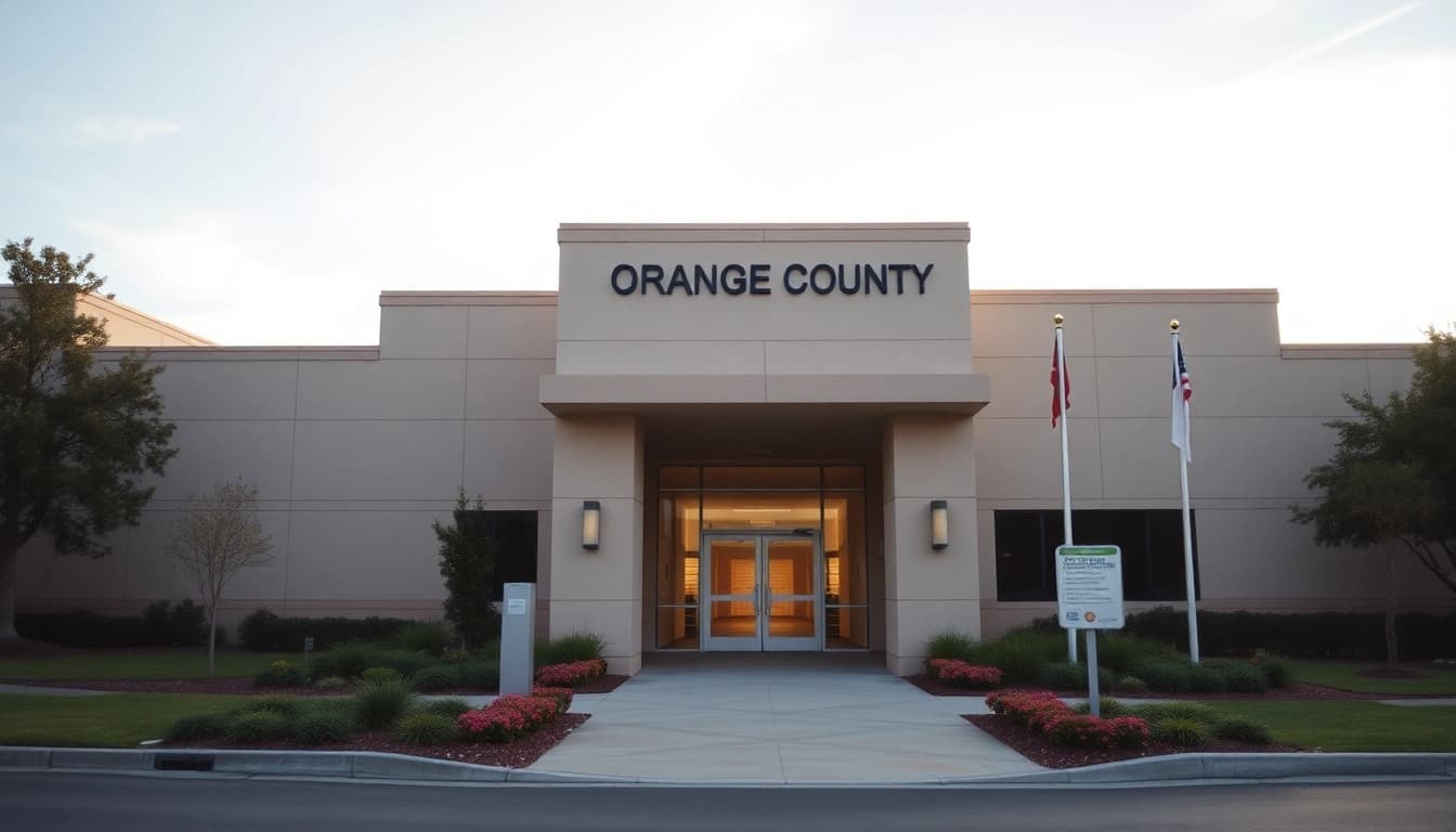 Engaging Orange County Inmate search image featuring the jail's entrance surrounded by greenery.