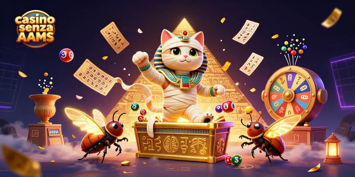 Anteprima di un vivace momento di gioco nel casino senza AAMS, con un gatto mummia e una coccinella in un contesto avvincente.