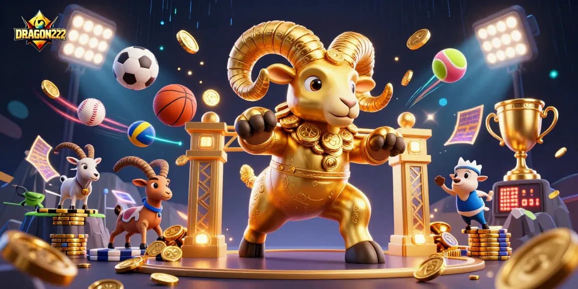 Experience thrilling wins at DRAGON222 with a dynamic illustration showcasing gambling excitement and sports elements.