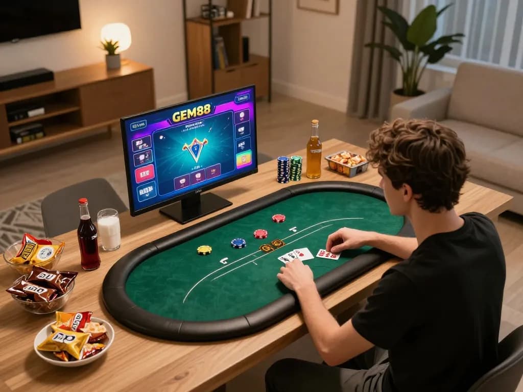 Engaging in a GEM88 poker game at home, showcasing focus and strategic gameplay.