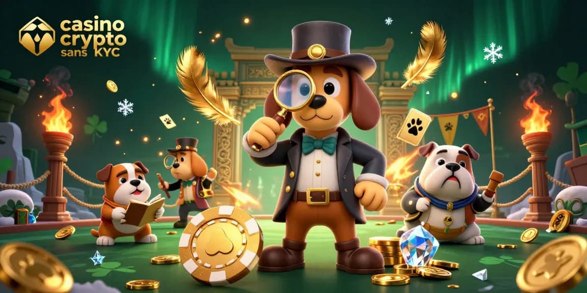Jouez au casino crypto sans KYC avec des héros animés découvrant des jetons dorés et des trésors.