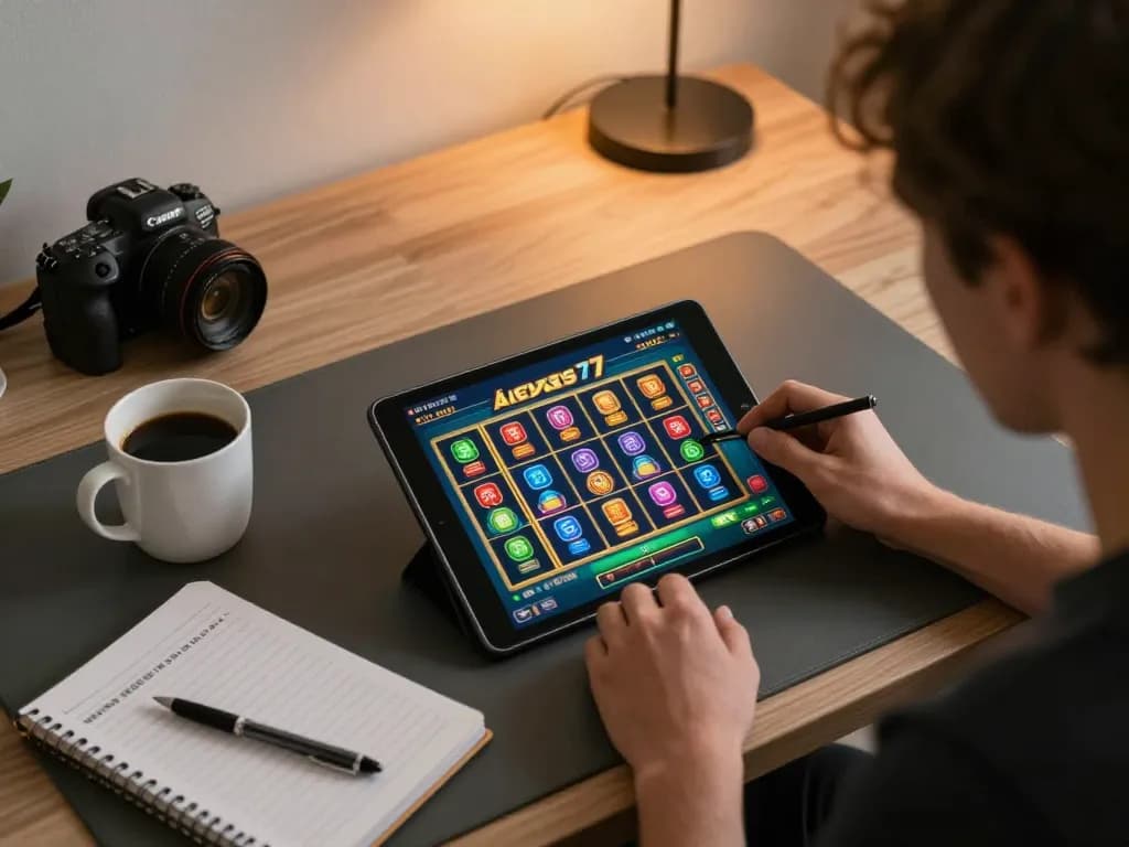 Engaging online gaming scene featuring alexis77 slot interface with colorful visuals and strategic planning items