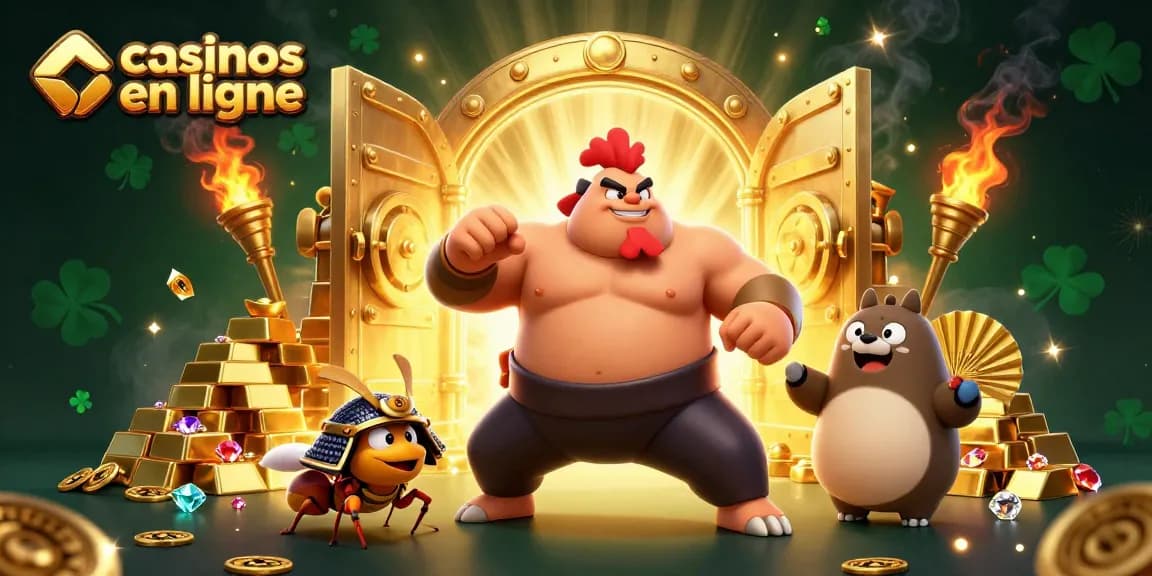 Gagnez avec casinos en ligne grâce à une illustration vibrante d'un combat de sumo avec un coq et un criquet.