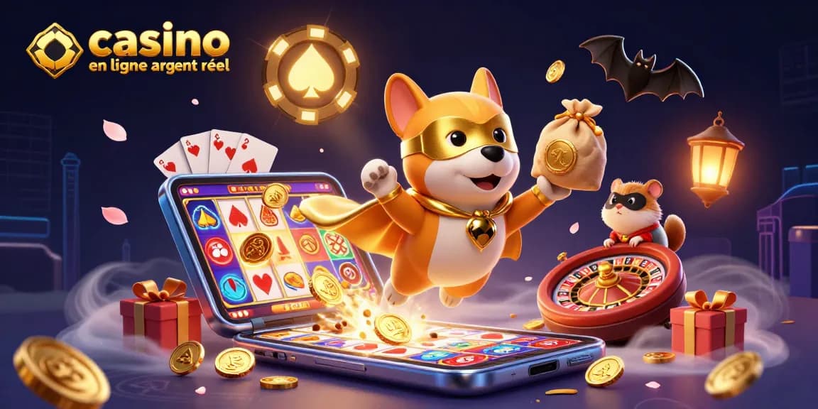 Jouer à des jeux de casino en ligne argent réel avec un chien héroïque et un hamster, entouré de pièces et de jeux.