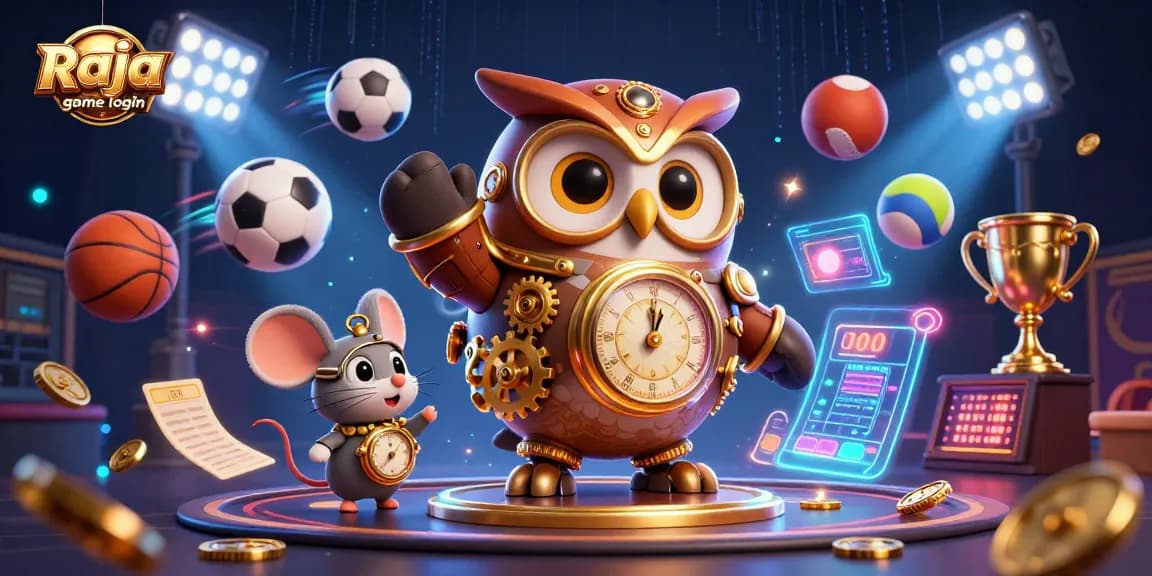 Log in to Raja game in an engaging 3D illustration featuring dynamic casino elements and characters.